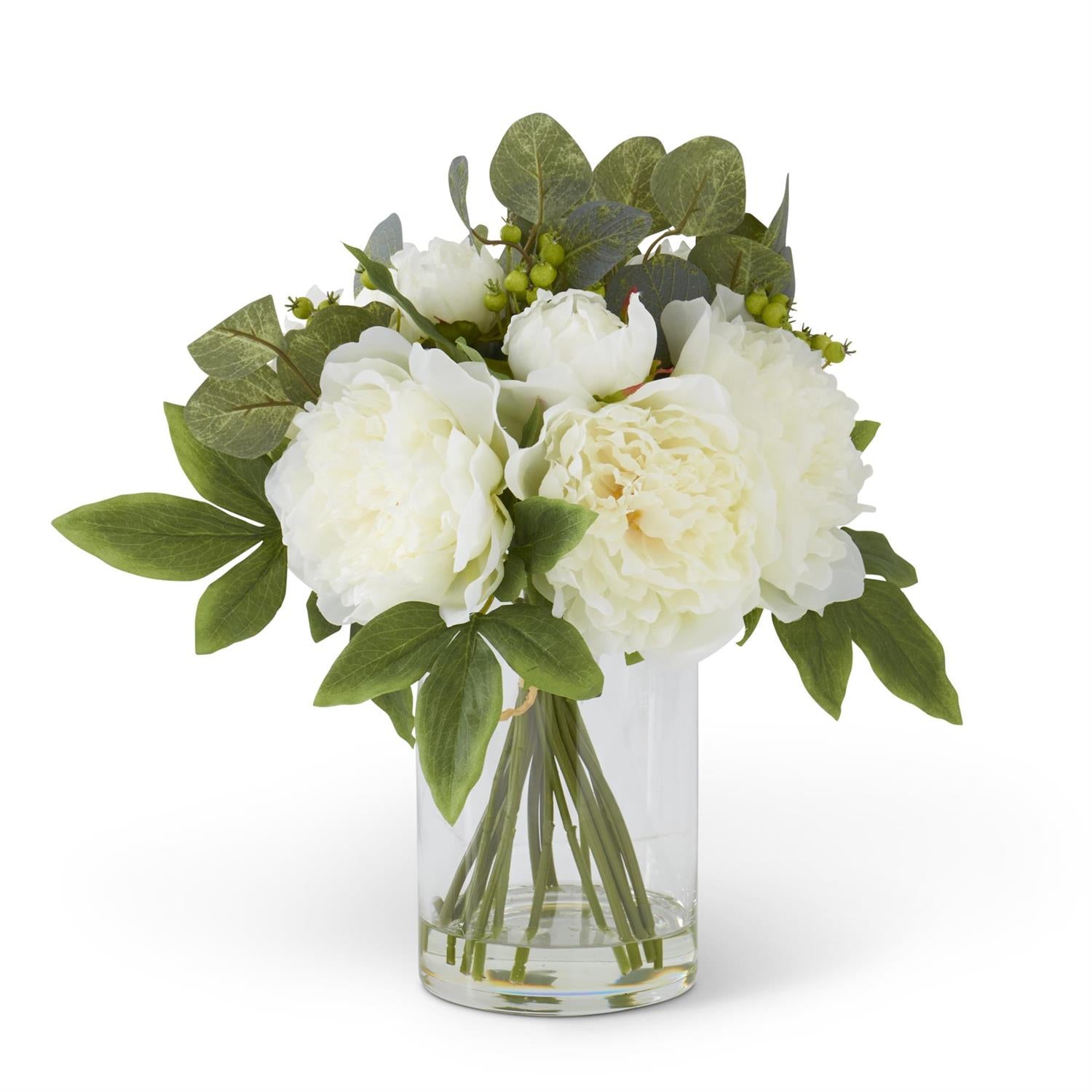 16 Inch Cream Peony & Eucalyptus Premade in Glass Vase