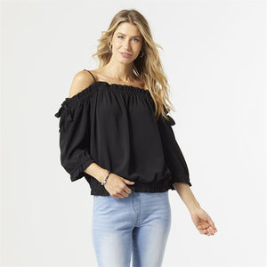 Black Angel Tie Shoulder Ruffle Top