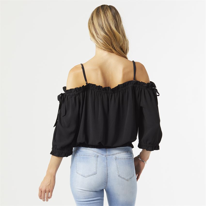 Black Angel Tie Shoulder Ruffle Top