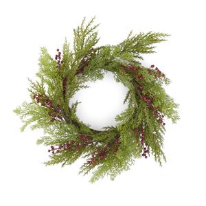 20in Juniper & Cypress Pine Wreath w/Red Berries