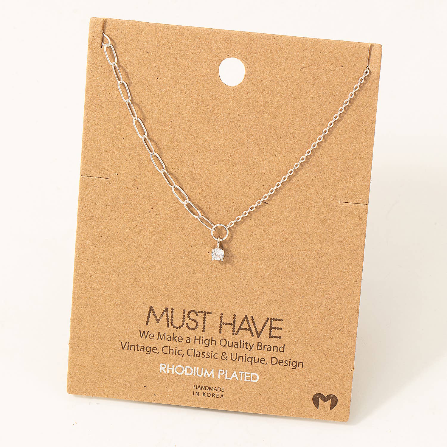 Silver Chain Link Rhinestone Stud Charm Necklace