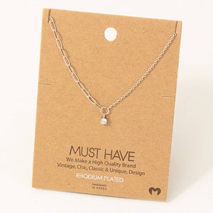 Silver Chain Link Rhinestone Stud Charm Necklace