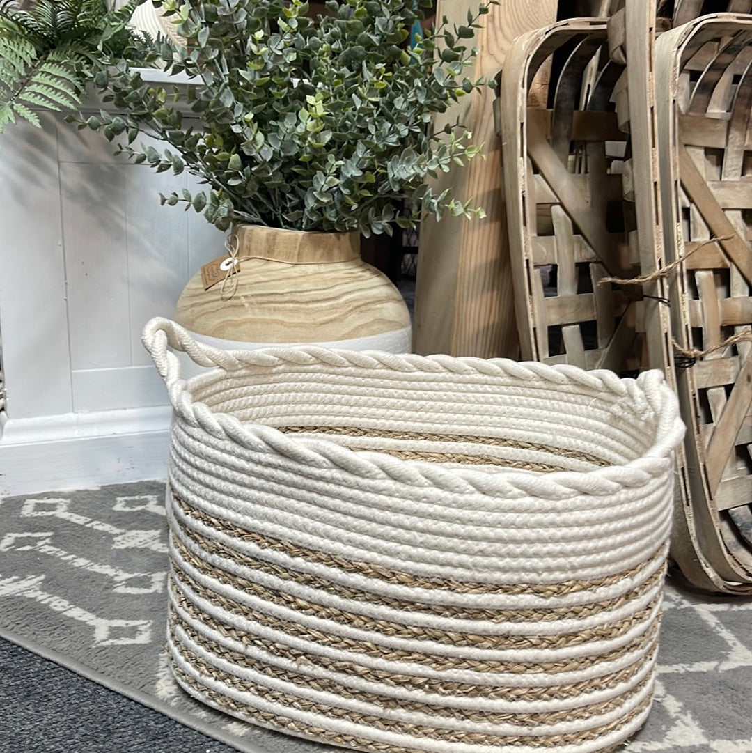 Striped Cream & Burlap Storage Bin